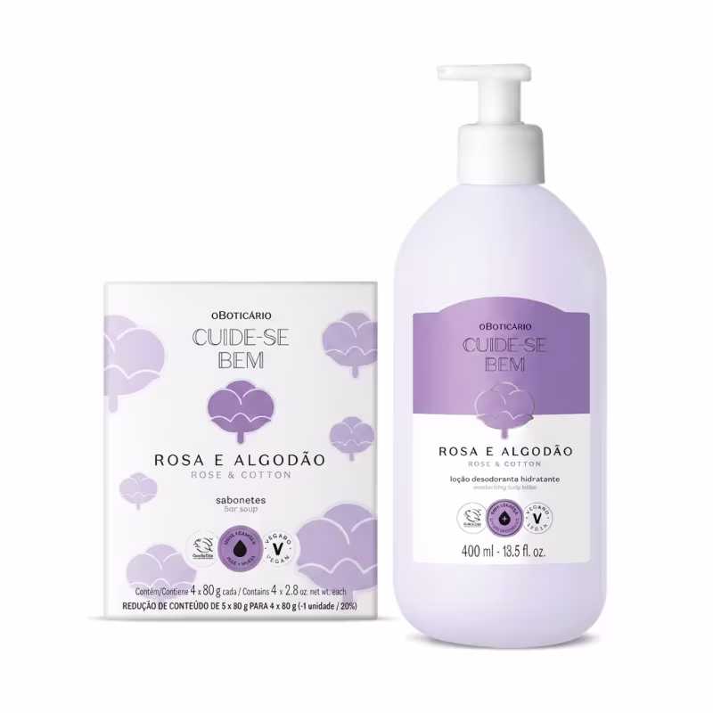Combo Cuide-se Bem Rosa e Algodão: Sabonete em Barra 5x80g + Loção Corporal 400ml