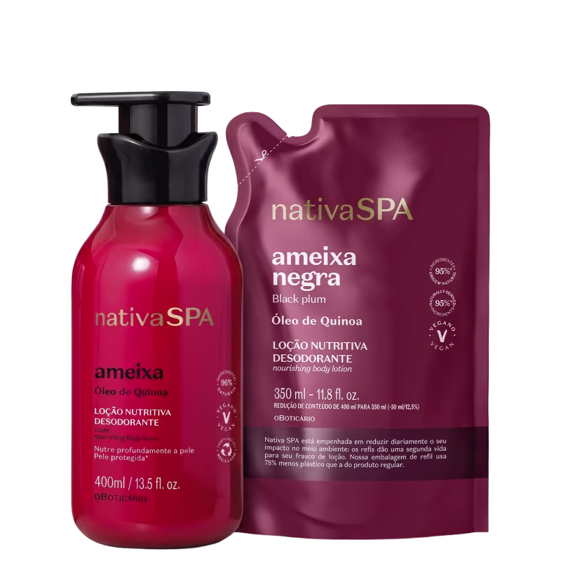 Frasco de loção corporal Nativa SPA Ameixa Negra com 400ml, embalagem de refil de 350ml, contendo óleo de quinoa. Rótulo em tons de vermelho e roxo com informações sobre o produto.