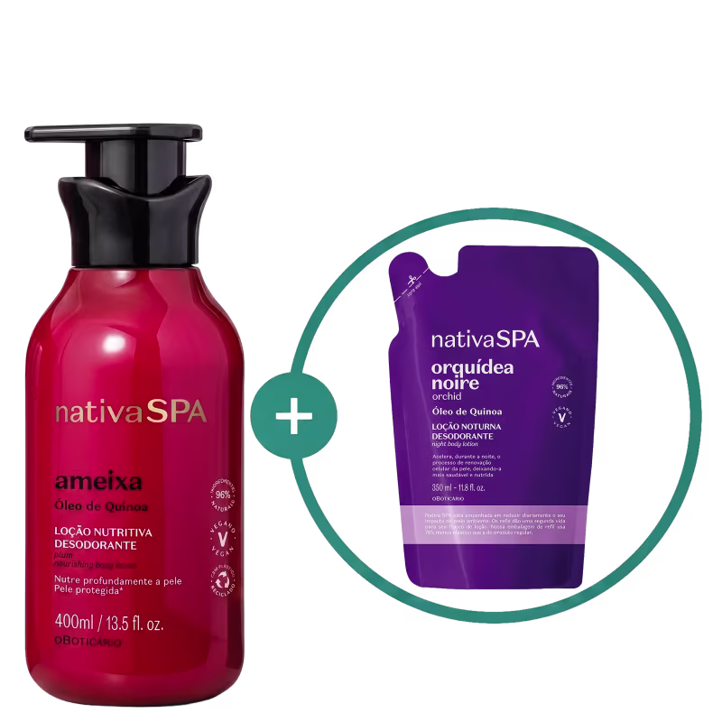Frasco vermelho de loção nutritiva desodorante Nativa SPA Amelxa com óleo de quinoa, acompanhado de sachê roxo de loção noturna desodorante Nativa SPA Orquídea Negra, com óleo de quinoa.