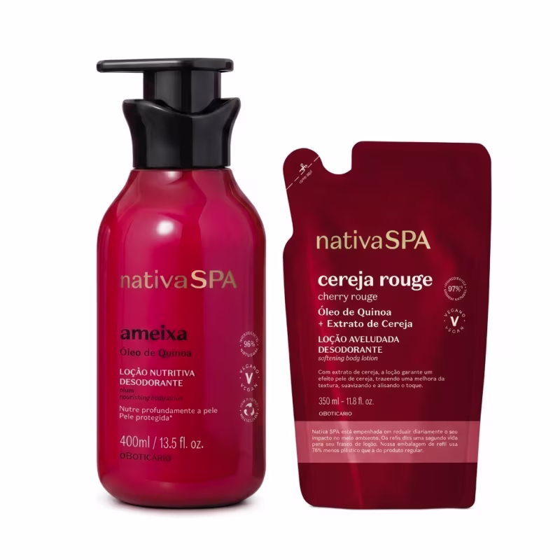 Combo Nativa SPA Ameixa e Cereja Rouge: Loção Hidratante Corporal 400ml + Refil Loção Aveludada Corporal 350ml