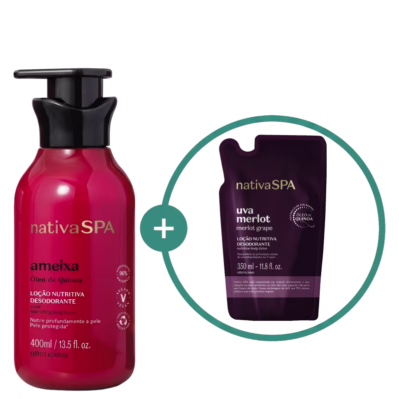Frasco de loção corporal nutritiva desodorante da marca Nativa SPA, na cor rosa, com rótulo destacando o óleo de quinoa. Ao lado, embalagem da loção corporal nutritiva Uva Merlot da mesma marca, na cor roxa.