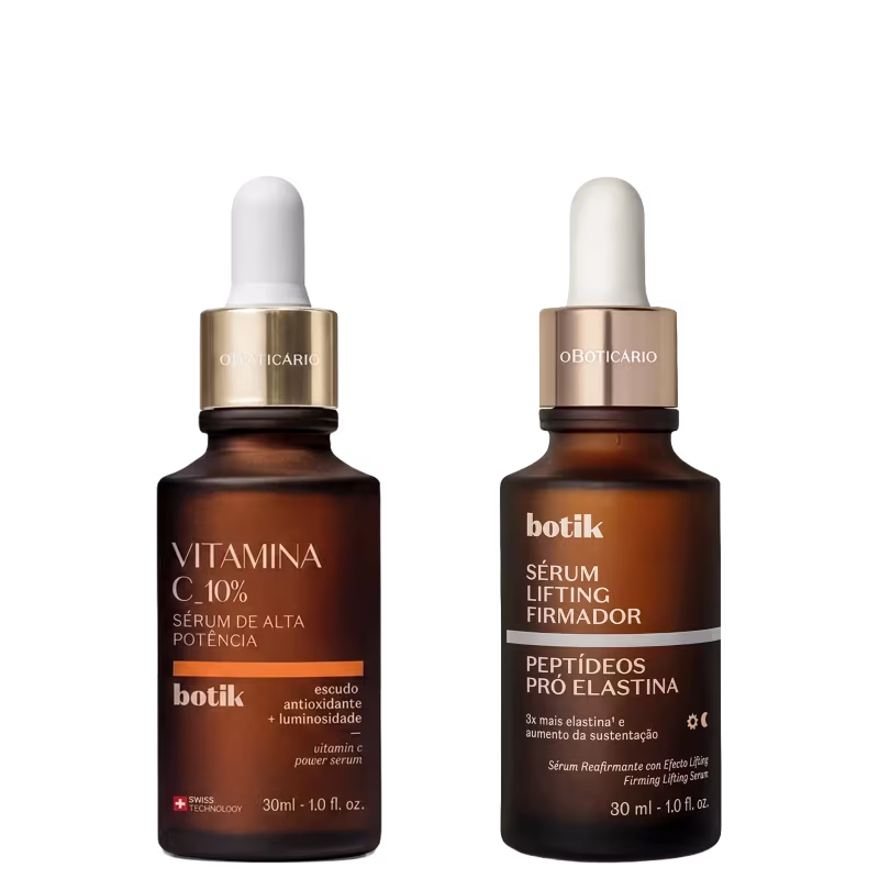 Dois frascos de soro da marca Botik: um com rótulo "Vitamina C 10%" e outro com rótulo "Sérum Lifting Firmador". Ambos em embalagem de vidro âmbar com conta-gotas e tampas douradas.