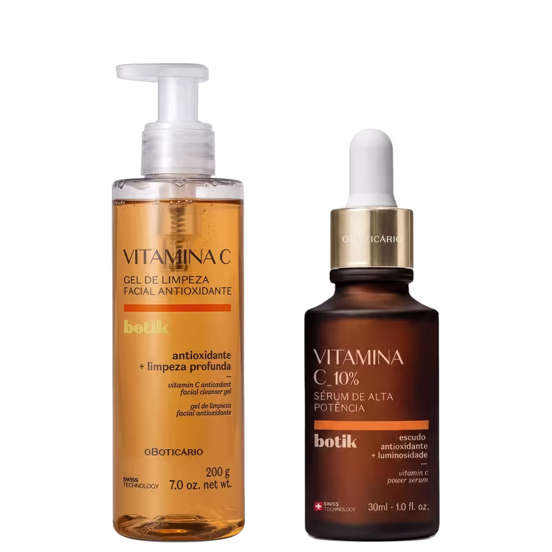 Dois frascos de produtos de beleza da marca Botik: um gel de limpeza facial antioxidante Vitamina C e um sérum de alta potência de Vitamina C, ambos em embalagens de vidro com rótulos em laranja e dourado.