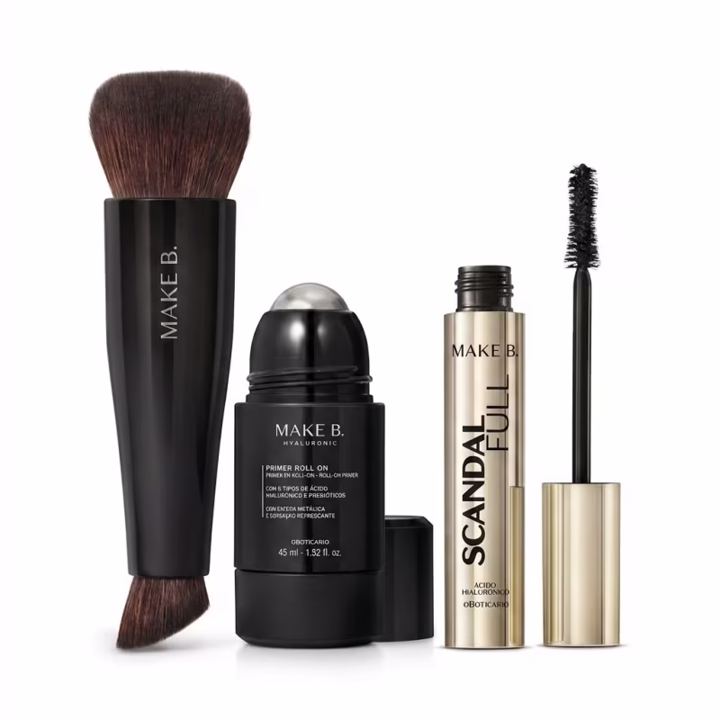 Combo Make B.: Pincel Multifuncional Make B. Duo Coverage + Primer Roll-On Make B. Hyaluronic 45ml + Máscara de Cílios Make B. Scandal Full 10g