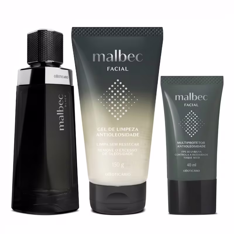 Combo Malbec: Malbec Black 100ml + Gel de Limpeza Facial 150g + Multiprotetor FPS30 40ml
