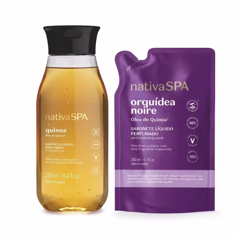 Combo Sabonete Líquido Perfumado Nativa Spa Quinoa 250ml + Refil Sabonete Líquido Perfumado Nativa Spa Orquídea Noire 200ml