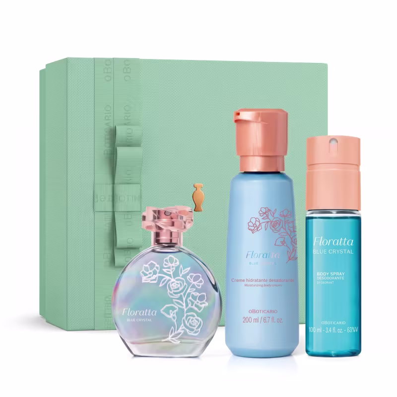 Combo Floratta Blue Crystal: Desodorante Colônia 75ml + Creme Hidratante 200ml + Body Spray 100ml + Caixa Presente