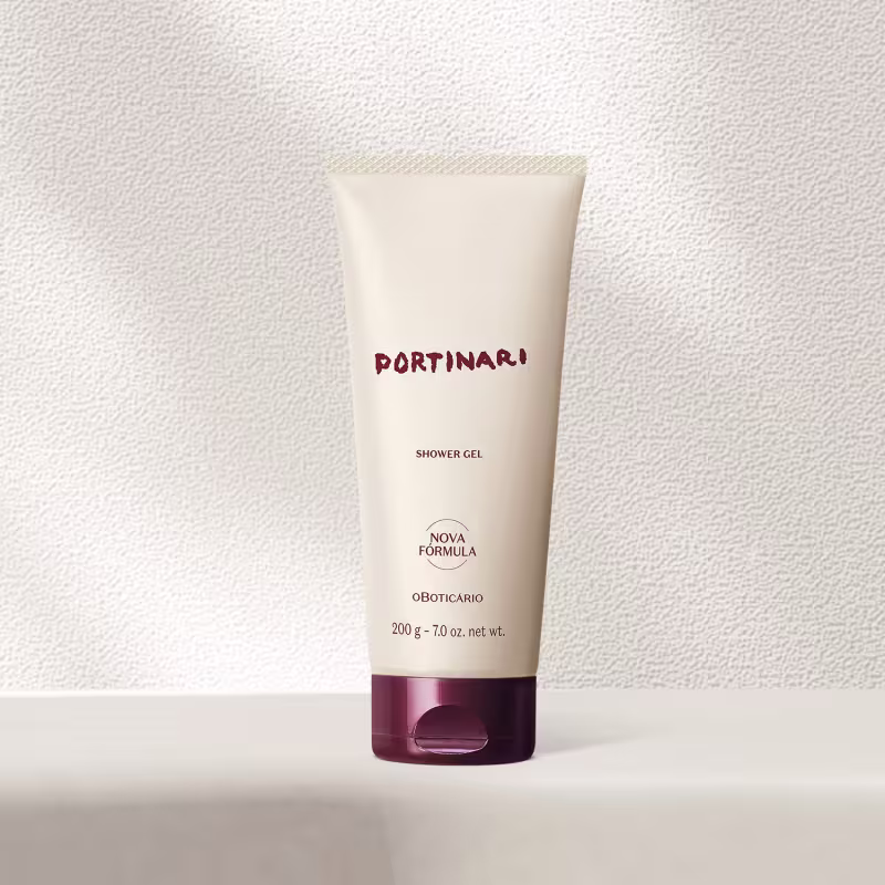 Tubo de gel de banho da marca Portinari, com embalagem bege e detalhes em tom vinho. Rótulo com o nome da marca em destaque.