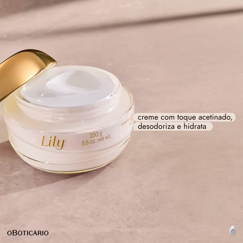O rótulo indica que o creme possui toque acetinado, desodoriza e hidrata.