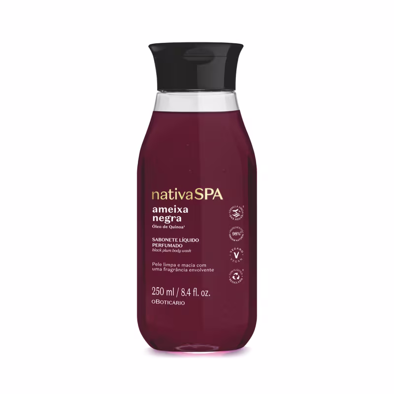 Sabonete líquido perfumado da linha Nativa SPA, com óleo de quinoa. Embalagem plástica transparente com tampa preta, contendo 250 ml do produto de cor vinho. Também apresenta selos indicando vegano e 98% de origem natural.