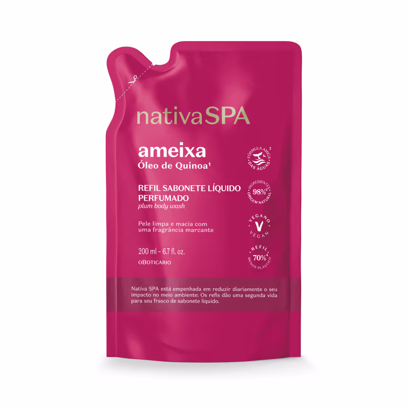 Embalagem flexível em formato sachê de plástico na cor rosa vibrante com detalhes em branco. Rótulo com o nome do produto "ameixa Óleo de Quinoa".