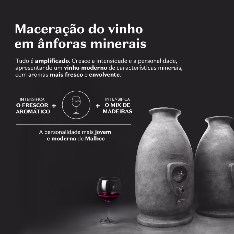 A imagem mostra duas ânforas de cerâmica cinza com símbolos gravados, uma taça de vinho contendo um líquido vermelho. O texto explica que um processo que intensifica o frescor aromático e o mix de madeiras, resultando em um vinho moderno e jovem.