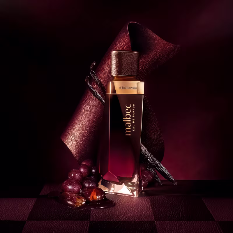 Ambiente escuro e elegante, com tons de vermelho e marrom, destacando um frasco de perfume da marca Malbec, acompanhado de uvas e outros elementos decorativos, sugerindo uma ocasião sofisticada de uso do produto.