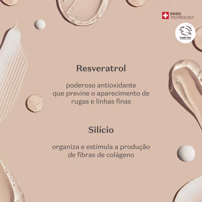 Texto descrevendo os ingredientes e benefícios do Resveratrol e do Silício. Traz cores neutras e texturas de gel e creme espalhadas.