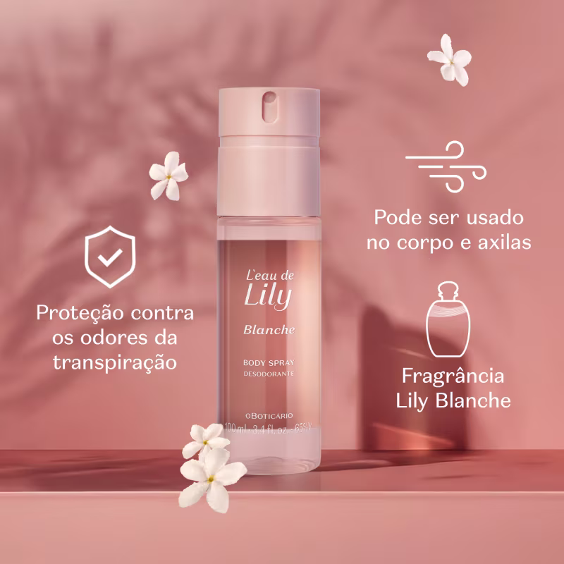 O rótulo o produto "L'eau de Lily Blanche" e indica que se trata de um "Body Spray Desodorante". Ao redor do frasco, há ilustrações de flores brancas,que remetem à fragrância do produto. O texto menciona que o produto pode ser usado no corpo e nas axilas