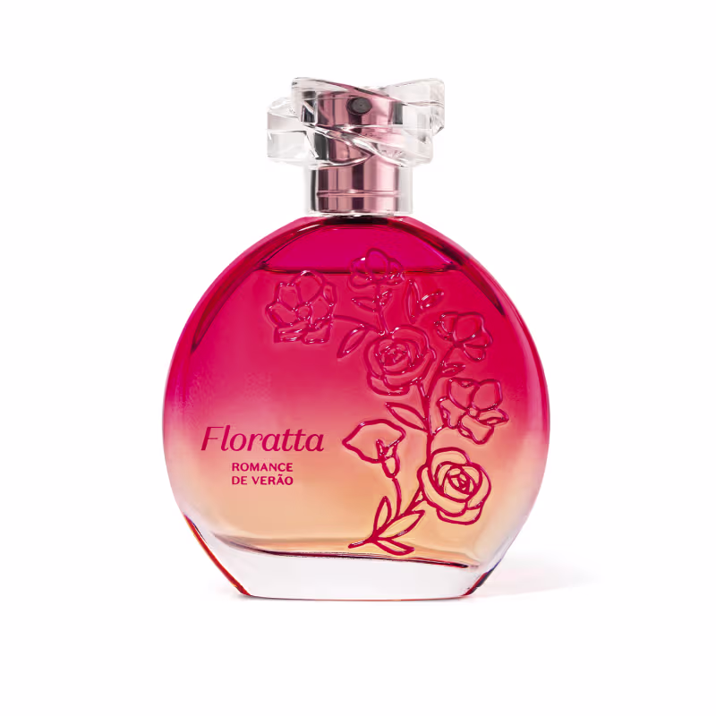 Frasco de perfume Floratta Romance de Verão, com design floral em relevo e cores vibrantes de rosa e laranja, com rótulo destacando o nome da fragrância.
