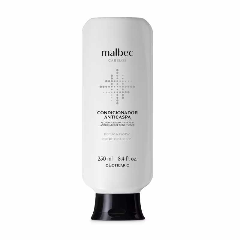 Condicionador anticaspa da marca Malbec. Embalagem plástica oval branca com detalhes em preto.  Informação do volume de 250 ml.