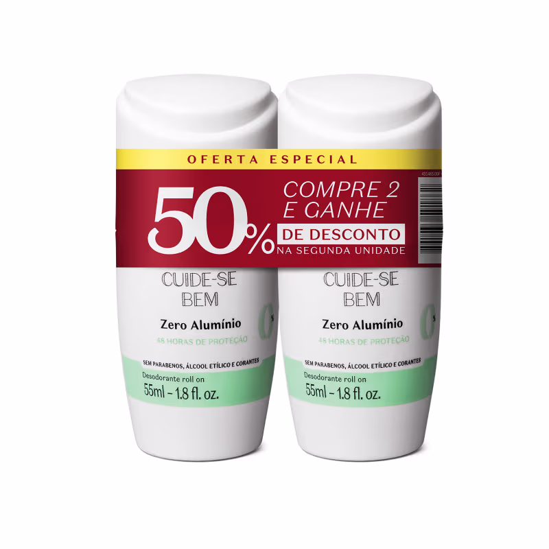 São dois desodorantes roll-on da marca "Cuide-se Bem" com a fórmula "Zero Alumínio". Cada frasco tem 55ml. O rótulo destaca uma "Oferta Especial" de 50% de desconto na segunda unidade quando se compram duas.