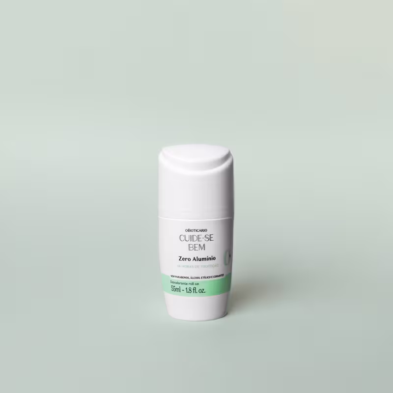 Desodorante roll-on branco com rótulo em português. O frasco é cilíndrico e a embalagem exibe o nome do produto "Cuide-se Bem Zero Alumínio" e informações como "48 horas de proteção" e o volume de 55ml. As cores predominantes são branco e verde claro.