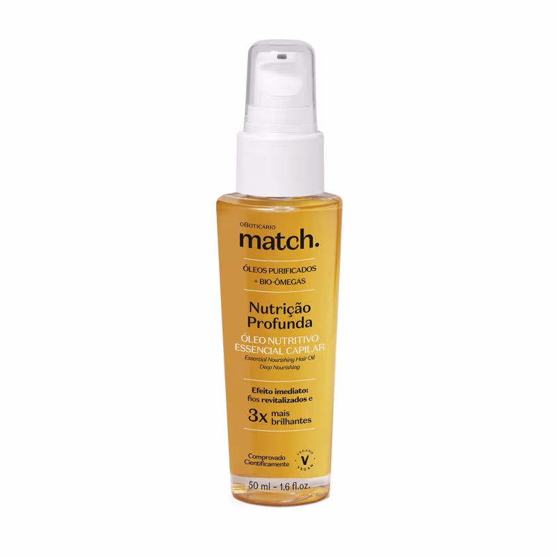 Frasco de óleo capilar da marca Match, com rótulo em amarelo e branco, contendo 50 ml do produto "Nutrição Profunda" com óleos purificados e bio-ômegas.