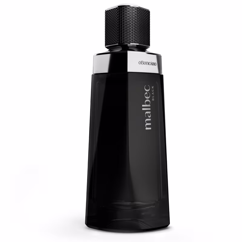 Fragrância da marca Malbec Black. O frasco é predominantemente preto, com um design geométrico e angular. O frasco possui um tampão preto na parte superior, com um design também geométrico. A embalagem transmite uma imagem elegante e sofisticada.