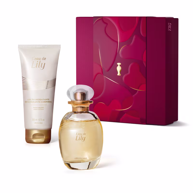 Kit de produtos de beleza da marca Lily, incluindo um frasco de fragrância e um tubo de loção hidratante corporal, embalados em uma caixa vermelha com detalhes dourados.
