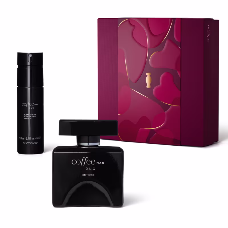 Kit de produtos da marca Coffee, incluindo um frasco de desodorante colônia e desodorante corporal preto, além de uma caixa vermelha com um frasco de perfume preto, com design minimalista e elegante.