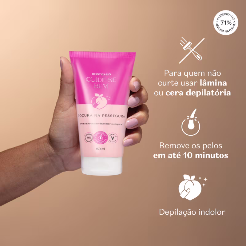 O produto apresentado é um creme depilatório corporal da marca Cuide-se Bem, em uma embalagem rosa com o nome da marca e o texto "Doçura na pessegura". O produto é descrito como um creme hidratante depilatório que remove os pelos em até 10 minutos.