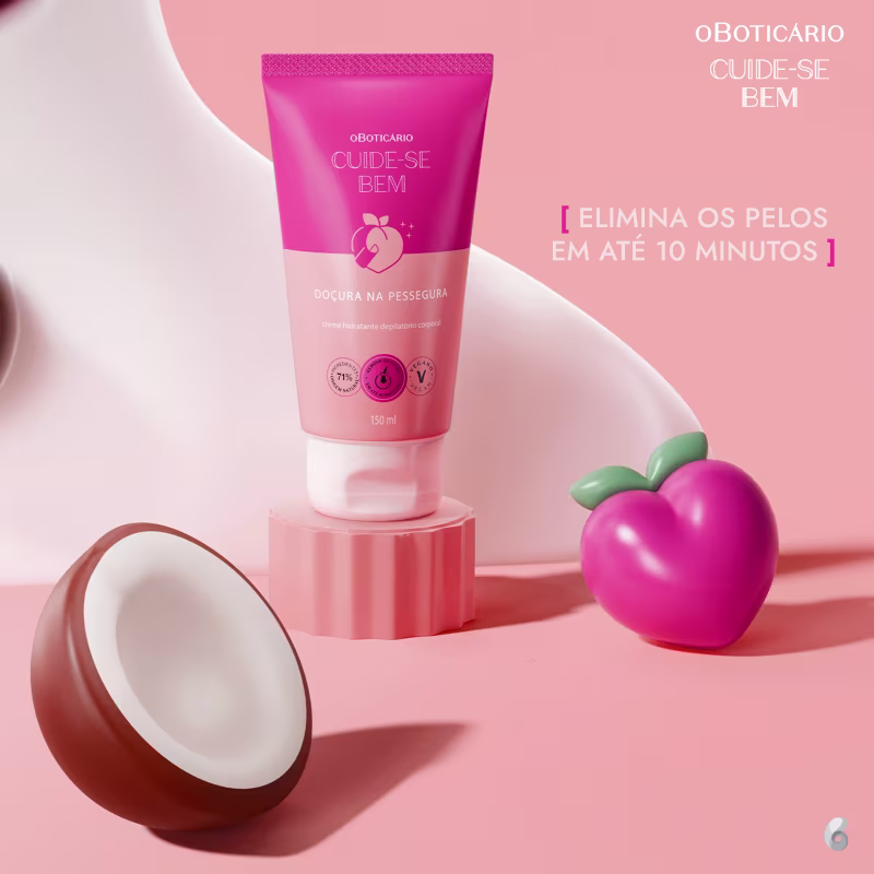 Creme Hidratante Depilatório Corporal Cuide-se Bem Doçura na Pessegura 150ml em fundo rosa. Ao lado do produto, há um pêssego e coco de plástico