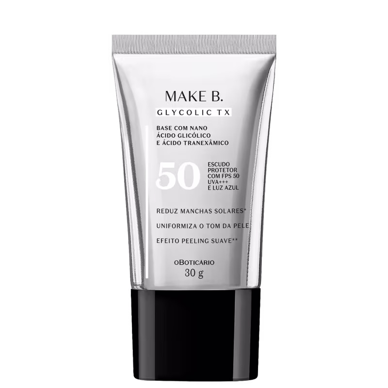 Tubo branco com rótulo da marca Make B. Glycolic TX, contendo protetor solar FPS 50 com luz azul. Informações sobre redução de manchas solares e efeito peeling suave.