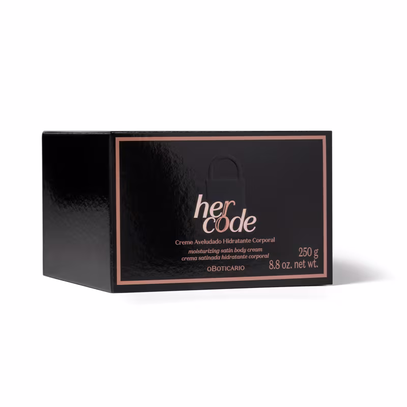 A caixa exibe o nome da marca "Her Code" em destaque, junto com a descrição do produto "Creme Aveludado Hidratante Corporal" e informações sobre o peso líquido de 250g.
