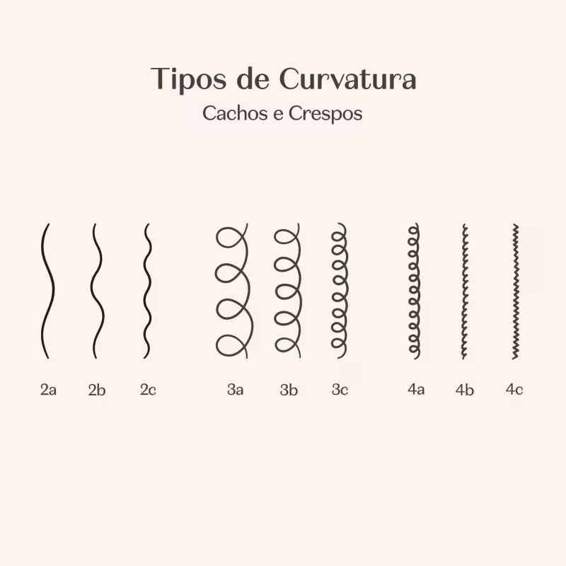 O conteúdo da imagem apresenta diferentes tipos de cachos e crespos, indicando que se trata de um guia visual sobre estilos de cabelo. A imagem possui um fundo neutro, com uma paleta de cores monocromática.