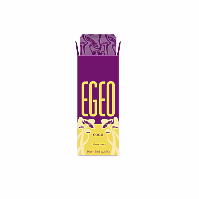 O produto apresentado é um frasco de 90 ml da marca Egeo, com uma embalagem de cor roxa e amarela. O rótulo exibe o nome "Egeo" em letras grandes e amarelas, com a palavra "Cogu" abaixo em menor tamanho.