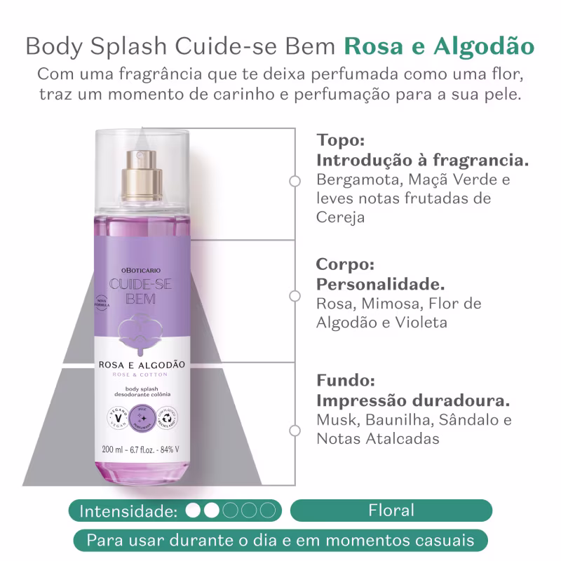 Body Splash Cuide-se Bem Rosa e Algodão. Com uma fragrância que te deixa perfumada como uma flor, traz um momento de carinho e perfumação para a sua pele.
