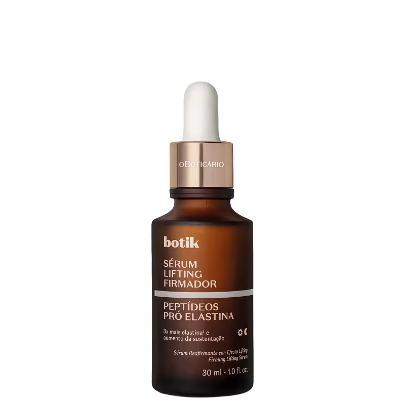 Frasco de sérum lifting firmador da marca Botik, com conta-gotas e rótulo em tons de marrom e dourado, contendo 30 ml do produto "Peptídeos Pró Elastina".