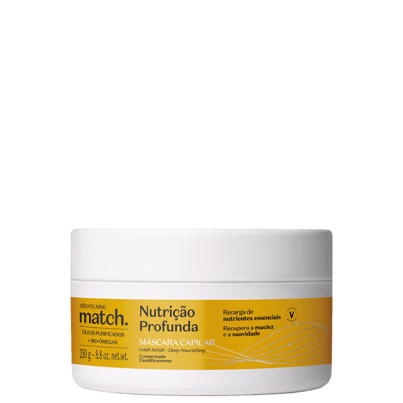 Embalagem branca de máscara capilar da marca Match, com rótulo amarelo destacando "Nutrição Profunda" e informações sobre os ingredientes e benefícios do produto.