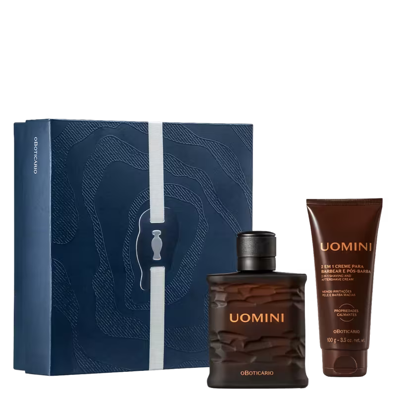 Caixa azul-marinho com textura ondulada, frasco de perfumaria Uomini de cor marrom, bisnaga de creme para barbear e pós-barba Uomini de cor marrom.