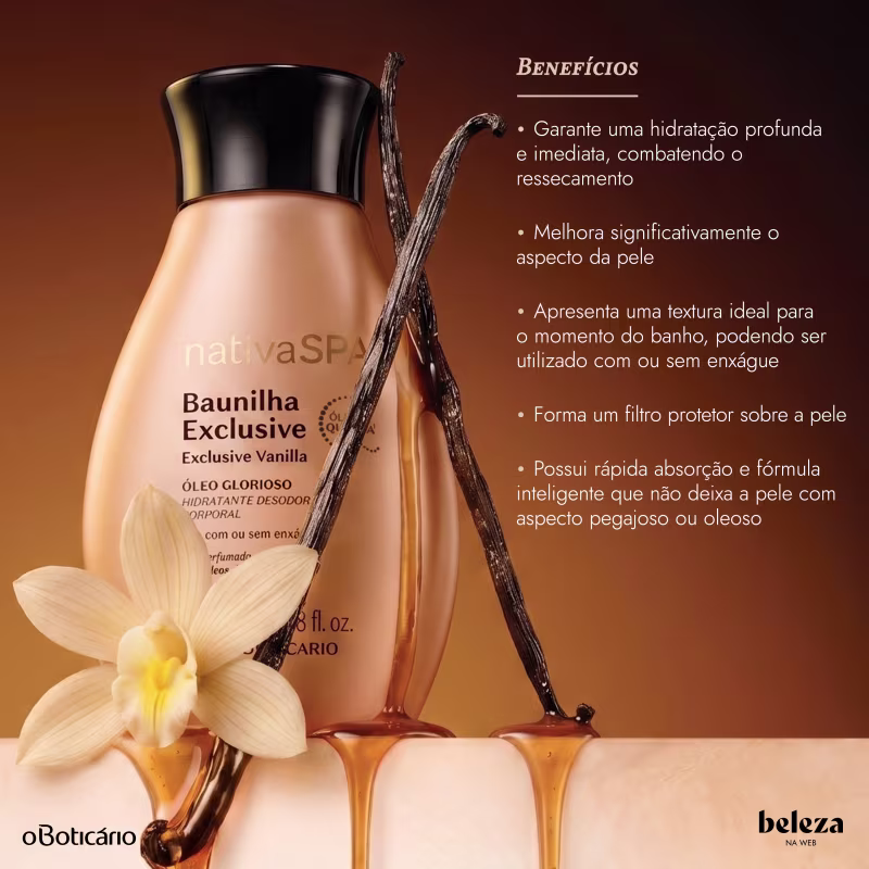 O produto de beleza Nativa SPA Baunilha Exclusive é apresentado em um ambiente com tons quentes de laranja e amarelo, destacando a textura e a fragrância da fórmula hidratante. A imagem mostra o frasco do produto junto a flores de orquídea.