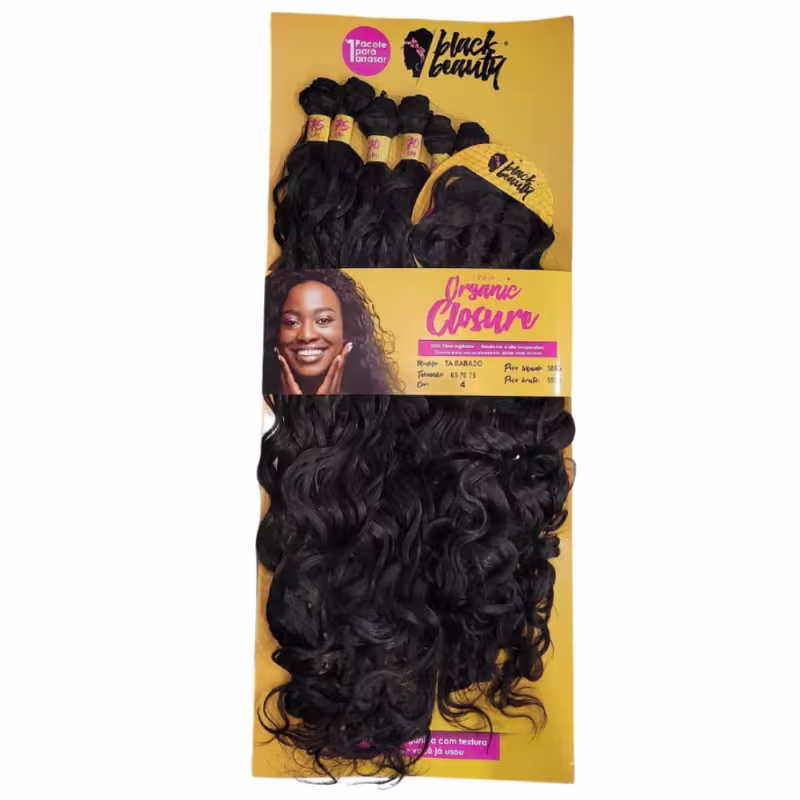 Aplique de cabelos cacheados e ondulados da marca Black Beauty. O cabelo é preto e apresenta uma textura ondulada e volumosa.