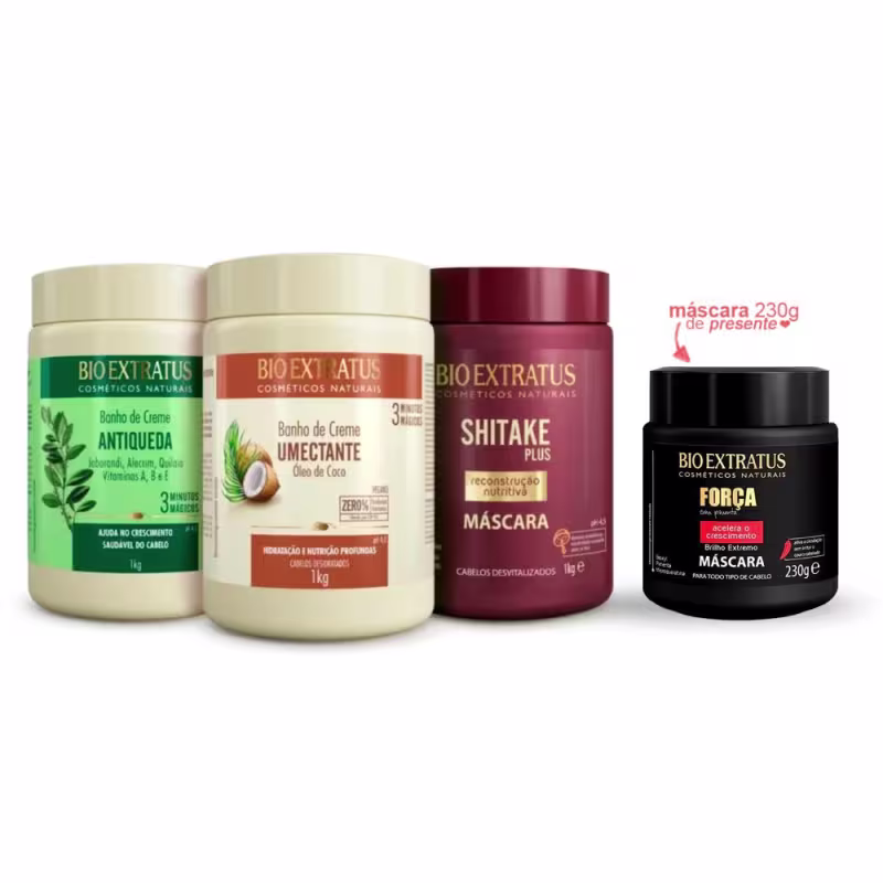 Kit Cronograma Bio Extratus Cabelos Danificados Jaborandi + Shitake + Umectante 1Kg +Força 230g