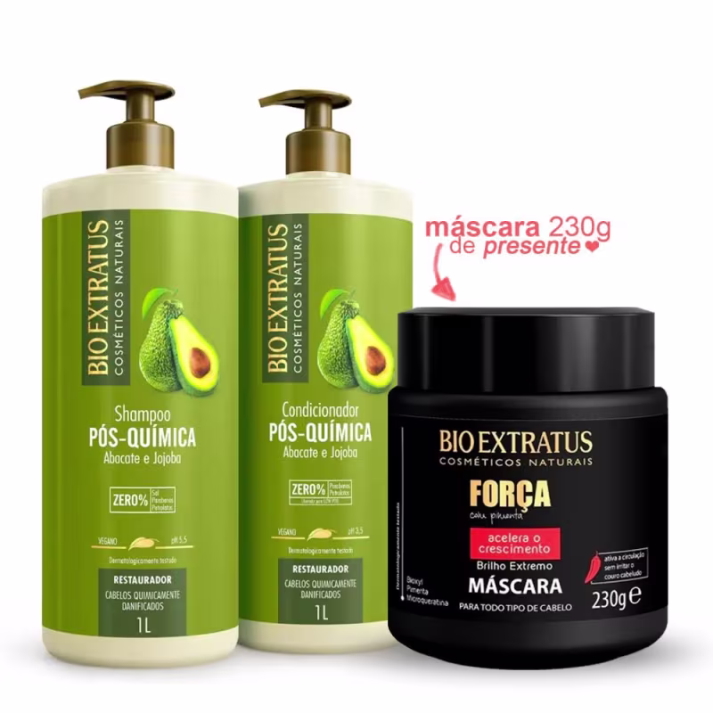 Kit Shampoo+Cond Pós Química Abacate e Jojoba Bio Extratus 1 Litro +Máscara Força 230g