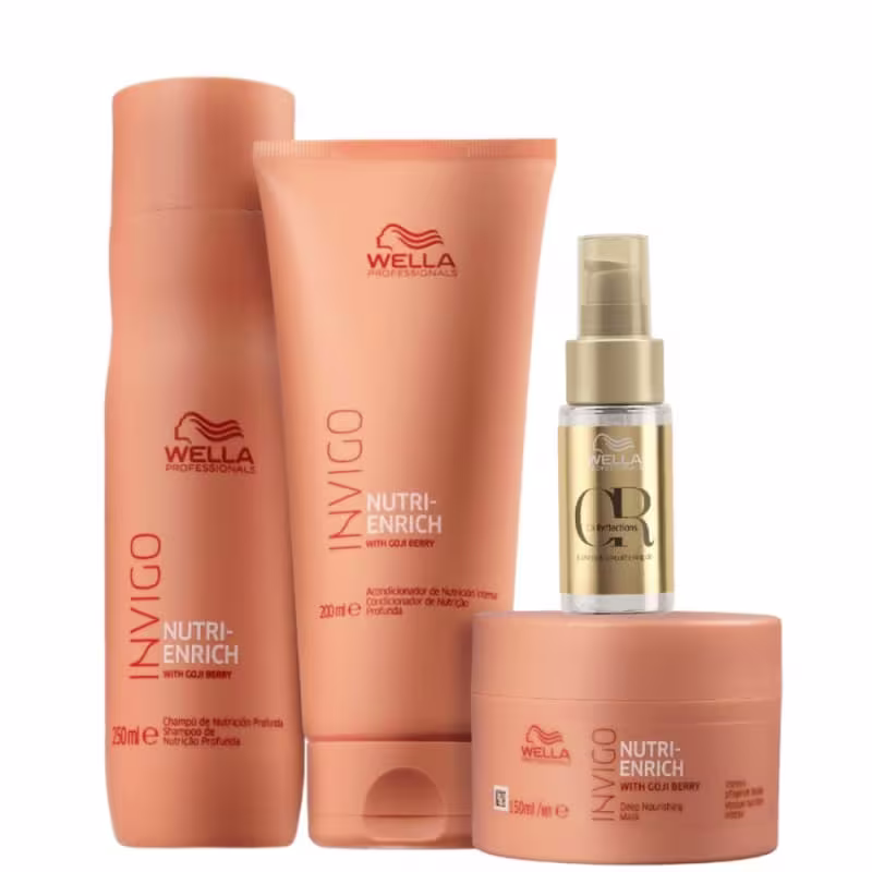 Kit com shampoo, condicionador e máscara Nutri-Enrich, além de um óleo capilar Oil Reflections, da marca Wella Professionals.