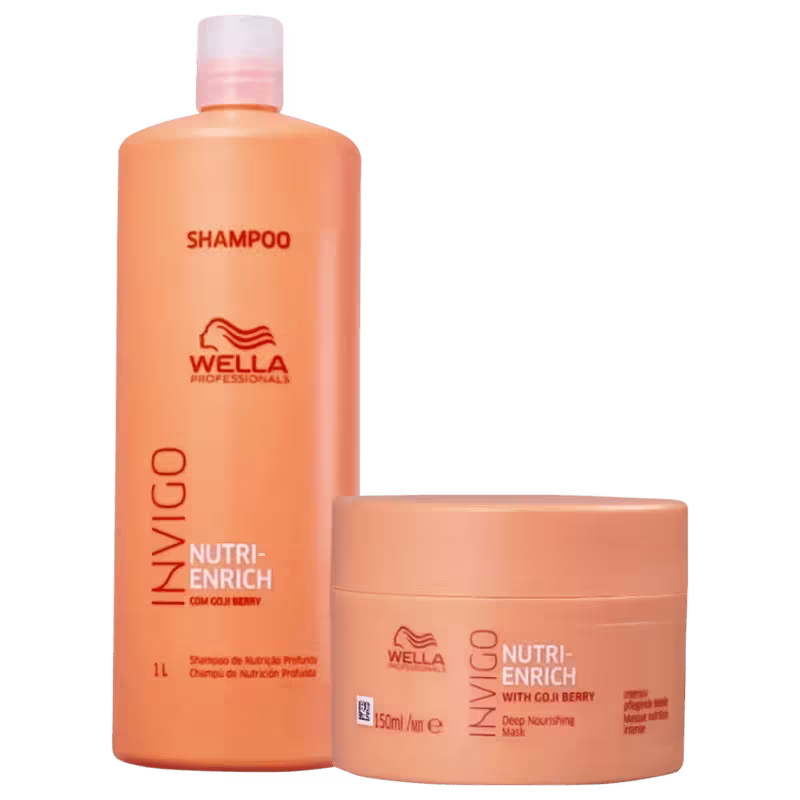 Kit com shampoo e máscara Nutri-Enrich, da marca Wella Professionals.
