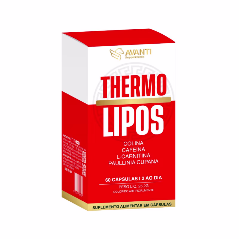 Caixa vermelha e branca contendo o suplemento alimentar "Thermo Lipos" da marca Avanti Supplements. O rótulo destaca os ingredientes como colina, cafeína, L-carnitina e paullinia cupana.