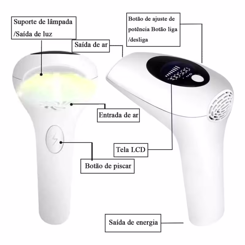 Depilador Laser IPL 900mil Disparos 8 Níveis Bivolt c/óculos