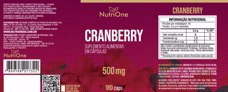 Cranberry 500mg 180 Capsulas - Nutrione