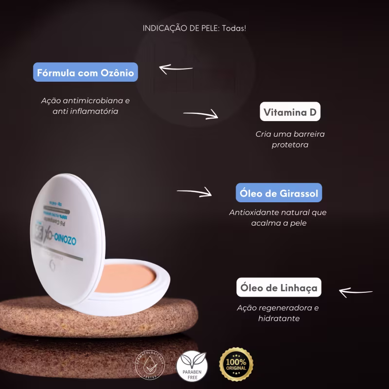 Produto de beleza Cosmobeauty em embalagem compacta branca e azul, com fórmula à base de ozônio, vitamina D, óleo de girassol e óleo de linhaça, indicado para ação antimicrobiana e anti-inflamatória, além de proteção e hidratação da pele.