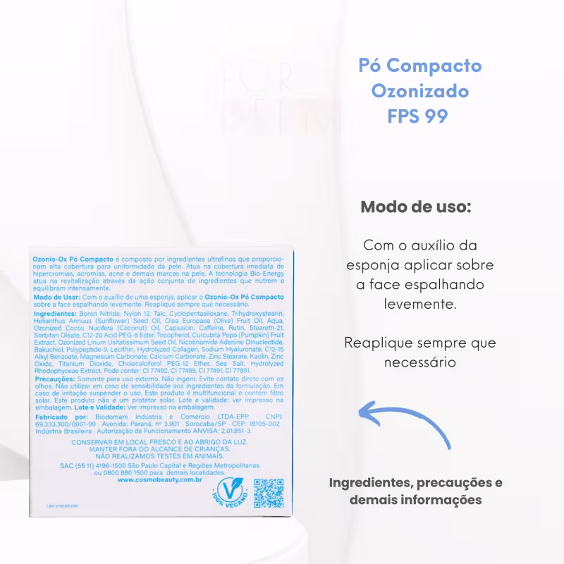 Produto de beleza Cosmobeauty em embalagem compacta e ozonizada, com rótulo indicando FPS 99 e modo de uso para aplicação sobre a face.
