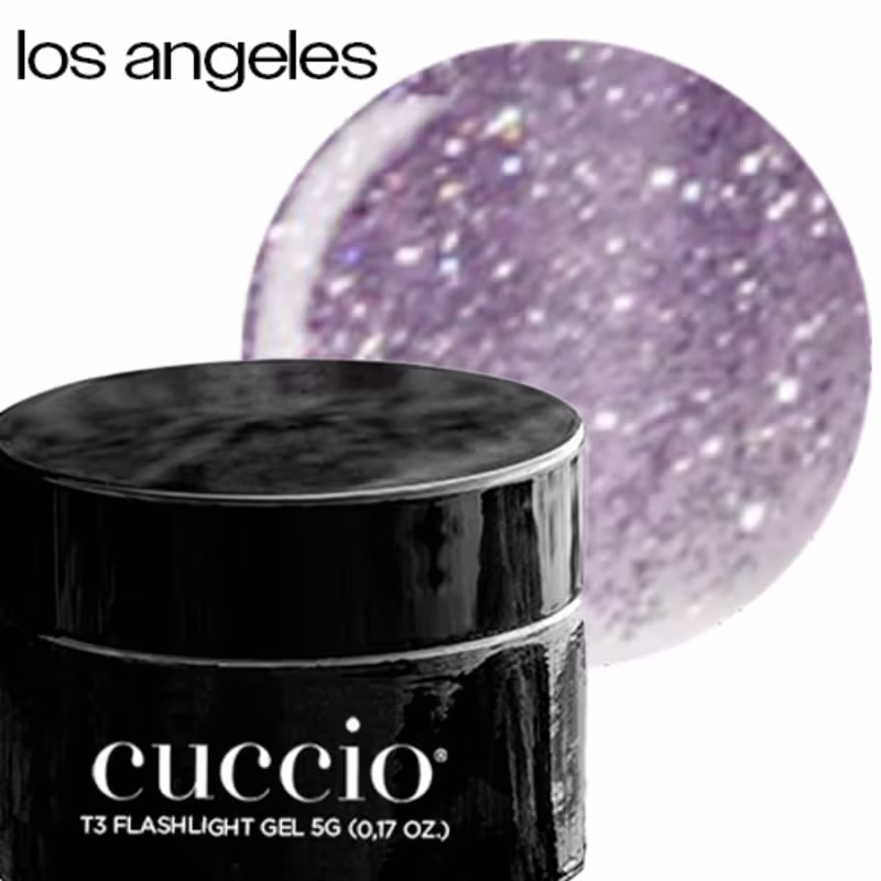 Gel para construção de unhas com o nome "T3 Flashlight Gel 5G" impresso no frasco preto. O frasco é redondo e possui uma tampa preta. Ao lado do frasco, há uma esfera brilhante e translúcida, que parece ser uma amostra do produto.