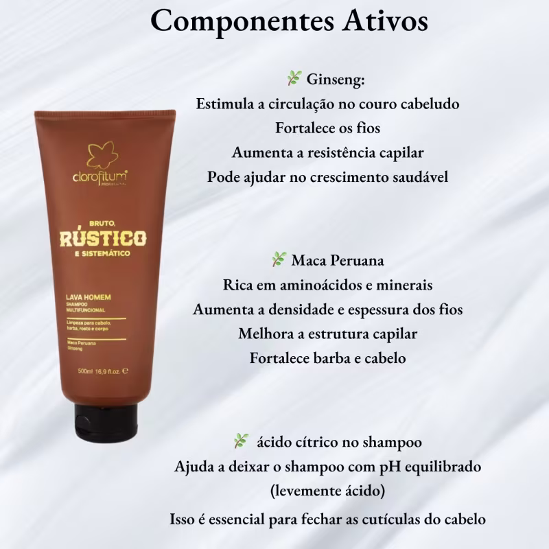 Shampoo Multifuncional Lava Homem Bruto, Rústico e Sistemático 500ml  Clorofitum